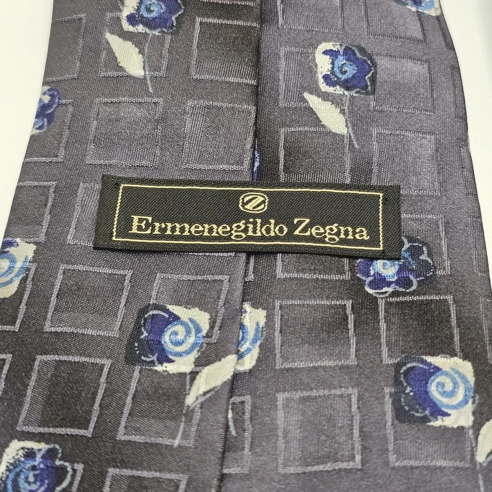 Ermenegildo Zegna Disegno Esclusivo Silk Tie Gray Blue Floral‎ Geometric Italy